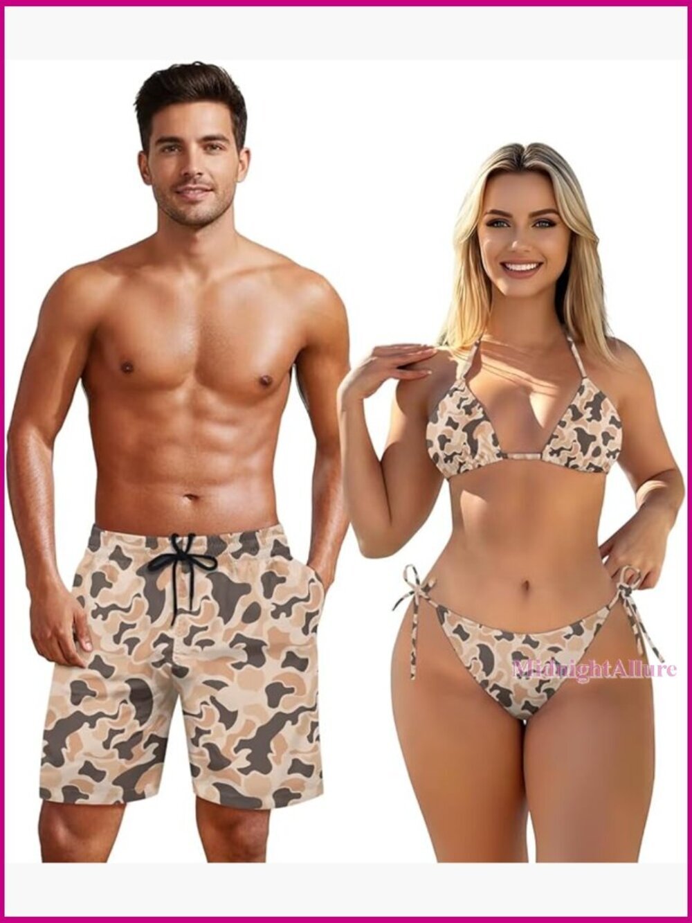 Matching Couples Swimwear Set 2 Piece: Women Bikini Top Tie Side Bottom, Men